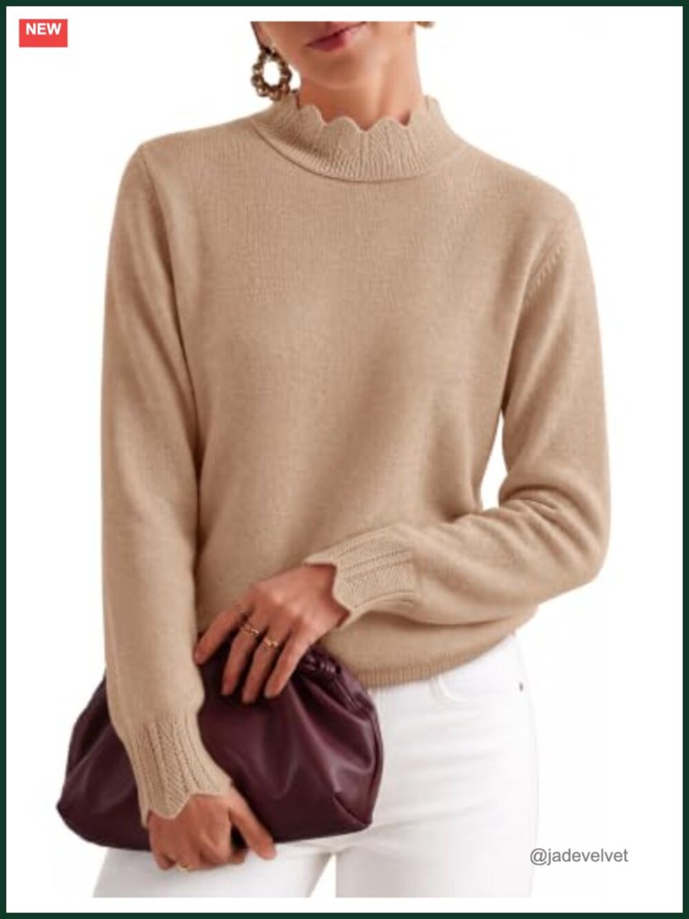 Scalloped Mock Neck Pullover Sweater Puff Sleeve Knit Top